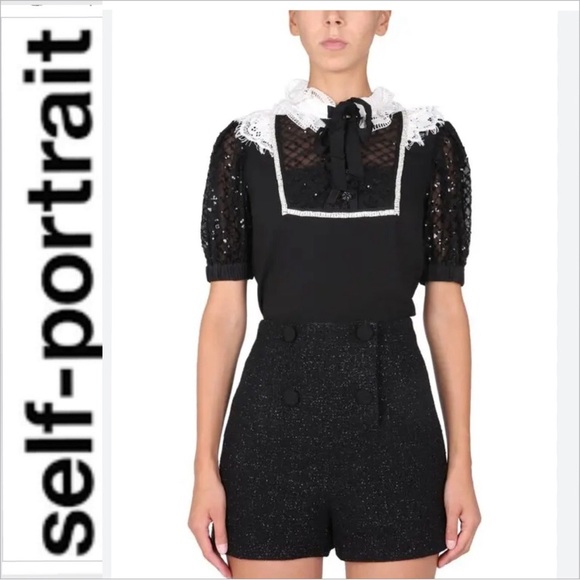 Self Portrait Womens monochrome  Frill collar Top black white 2 - Picture 1 of 13